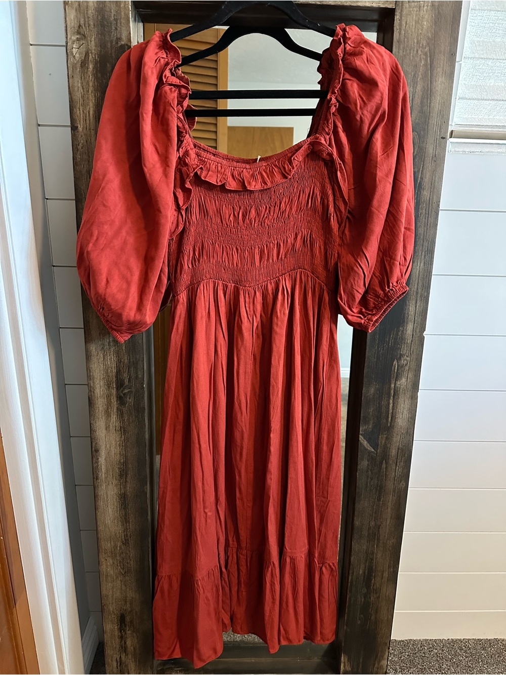 Pinkblush Rust Smocked Midi Dress Puff Sleeve Cottagecore Boho Prairie Sz S NWT - Picture 2 of 5